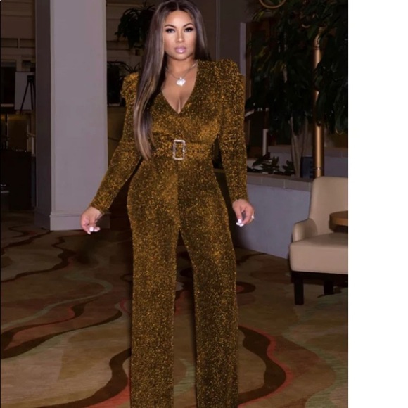 solid shinny puff sleeve one piece jumpsuits NWT - Picture 3 of 4